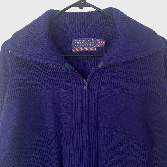 Vintage American Priority Full-Zip Ribbed-Knit Sweater Navy Blue Men's Medium - Picture 5 of 11